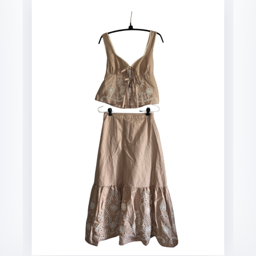 Moon River Tan Maxi Skirt Set with Embroidery